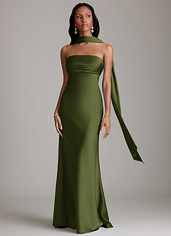 Azazie Saylor Vestidos de damas de honor Vestido de Oliva de Satén Elástico de Corte Sirena con Sin tirantes image9