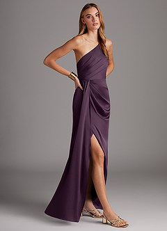 Azazie Mika Bridesmaid Dresses Plum Sheath One Shoulder Stretch Satin Dress image4