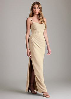 Azazie Mai Bridesmaid Dresses Champagne Sheath Pleated Chiffon Dress image3