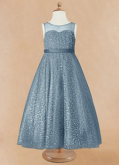 Azazie Siwa Abiti da Ragazza di Fiori Abito A-Line in Tulle Perline Blu Polveroso image5