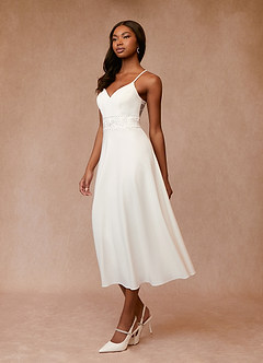Azazie Minerva Wedding Dresses A-Line Sequins Stretch Crepe Tea-Length Dress image3