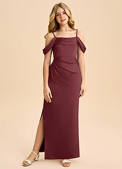 Azazie Saige Junior Robe Fourreau en Satin extensible Épaule décolletée Cabernet image3