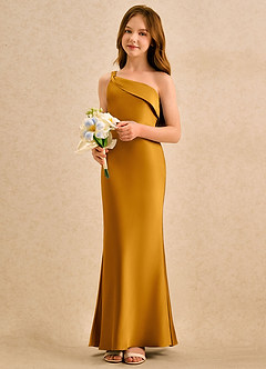 Azazie Almond Girls Formal Sukienki dla dziewczynek sypiących kwiaty Osłona Jedno ramię Satyna elastyczna Długość podłogi Sukienka image3