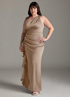Azazie Latrice Brautjungfernkleider Etui Kaskadierende Rüschen an einer Schulter Stretch-Satin Kleid Taupe image8