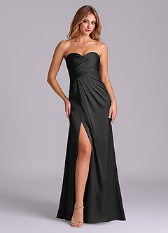 Azazie Sabrine At-home Try On Dresses Black A-Line Sweetheart Neckline Stretch Satin Dress image1