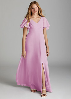 Azazie Kimber Junior Candy Pink A-Line Pleated Chiffon Dress image1