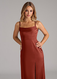 Azazie Callan Bridesmaid Dresses Terracotta A-Line Pleated Stretch Satin Convertible Dress image7