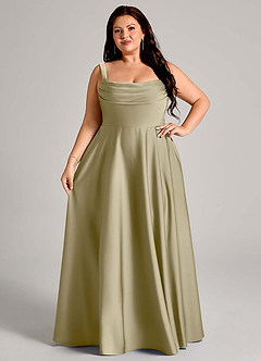 Azazie Shaude Bridesmaid Dresses Moss Green A-Line Pleated Stretch Satin Dress image5