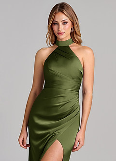 Azazie Karlotta Bridesmaid Dresses Olive Sheath Pleated Stretch Satin Dress image6