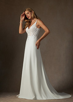 Azazie Clementina Wedding Dresses Diamond White Champagne A-Line V-Neck Sequins Stretch Crepe Dress image4