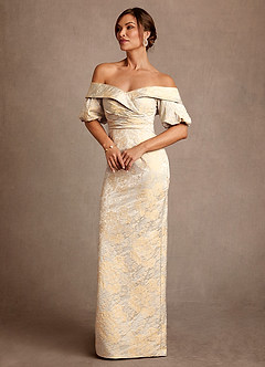 Azazie Golda Final Sale Vintage Champagne Sheath Off the Shoulder Jacquard Dress image3