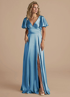 Azazie Kimber Bridesmaid Dresses Steel Blue A-Line Ruched Metallic Satin Dress image5