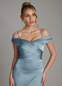Azazie Teyana Bridesmaid Dresses Dusty Blue Sheath Off the Shoulder Stretch Satin Dress image3