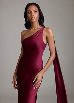Azazie Juniper Bridesmaid Dresses Burgundy Mermaid One Shoulder Stretch Satin Dress image3