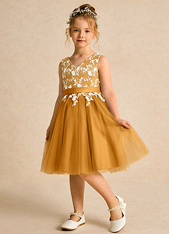 Azazie Butterfly Flower Girl Dresses Butterscotch A-Line Lace Dress image4