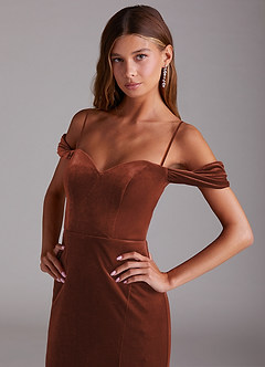 Azazie Shay Jurken voor bruidsmeisjes Converteerbaar Jurk van flueel met Kolom Off the Shoulder Terracotta image5