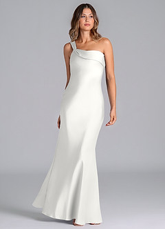 Azazie Driea Robes de demoiselle d'honneur Robe Sirène en Satin extensible Asymétrique Blanc image3