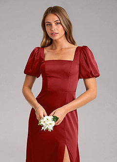 Azazie Fyona Bridesmaid Dresses Pomegranate A-Line Pleated Stretch Satin Dress image6