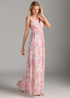 Azazie Kora Bridesmaid Dresses Abstract Watercolor Floral A-Line Pleated Chiffon Dress image3