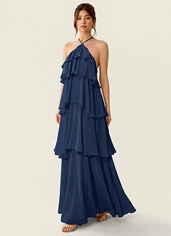 Nevieve Dunkelmarine Strandkleid aus Chiffon mit Satinbesatz und Rüschen image4