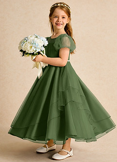Azazie Duckie Abiti da Ragazza di Fiori Abito Principessa in Tulle Plissettato Oliva image4