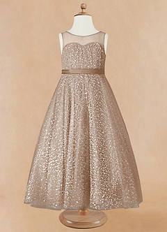 Azazie Siwa Blumenmädchenkleider A-Linie Mit Perlen Tüll Kleid Taupe image5