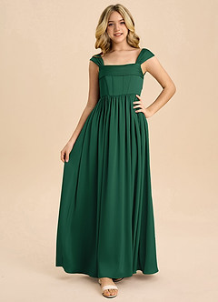 Azazie Hattie Junior Abito A-Line in Raso Elasticizzato Plissettato Verde Scuro image5