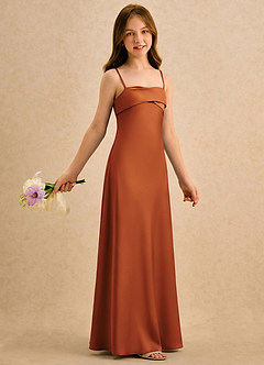 Azazie Mirabella Girls Formal vestidos de niña de las flores Vestido Canela de Satén Elástico de Recto con Escote corazón image4