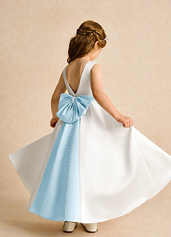 Azazie Cherry Flower Girl Dresses Ivory Sky Blue Ball-Gown Pleated Matte Satin Dress image4