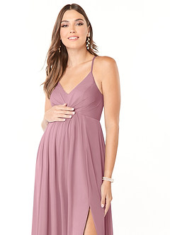 Azazie Annabelle Maternity Bridesmaid Dresses A-Line V-Neck Pleated Mesh Floor-Length Dress image6