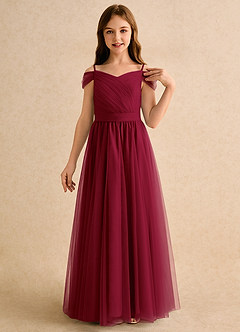 Azazie Yuna Girls Formal Abiti da Ragazza di Fiori Abito A-Line in Tulle a Spalla Scoperta Borgogna image6