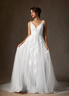 Azazie Sorella Wedding Dresses Diamond White A-Line V-Neck Sequins Tulle Dress image6