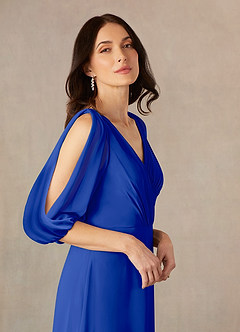 Azazie Bronwyn vestidos de madre de la novia Vestido de Azul Real de Gasa de Corte En A con Cuello de pico fruncido image3