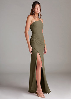 Azazie Eren Robes de demoiselle d'honneur Robe Fourreau en Mousseline de soie Ue épaule Vert Saule image4