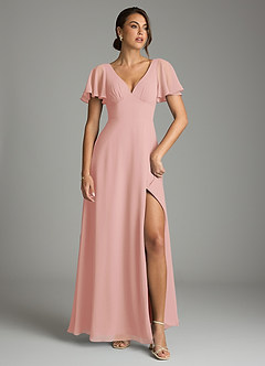 Azazie Kimber Bridesmaid Dresses Rosette A-Line Flounce Sleeve Chiffon Dress image2