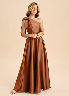 Azazie Penguin Junior A라인 절하다 스트레치 새틴 플로어 길이 주니어 신부 들러리 드레스 image4