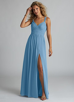 Azazie Aziza Brautjungfernkleider A-Linie V-Hals Gefaltet Chiffon Kleid Stahlblau image2