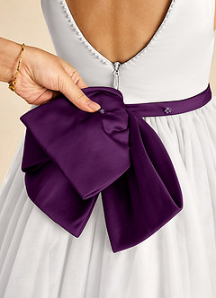 Azazie Seline Flower Girl Dresses Ivory Grape A-Line Bow Tulle Dress image3