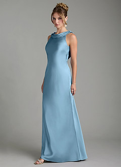 Azazie Aussie Bridesmaid Dresses Steel Blue Sheath Pleated Stretch Satin Dress image4