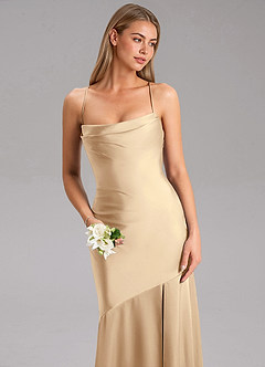 Azazie Grata Bridesmaid Dresses Champagne Sheath Side Slit Stretch Satin Dress image6