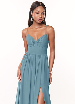 Azazie Zeya Bridesmaid Dresses Moody Blue A-Line V-Neck Pleated Chiffon Dress image5