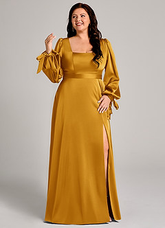 Azazie Leonia 신부 들러리 드레스 A라인 긴팔 스트레치 새틴 바닥 길이 드레스 image10