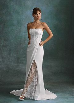 Azazie Shera Abiti da Sposa Abito A-Line in Raso con Retro in Crepe Senza Spalline Bianco Diamante image1