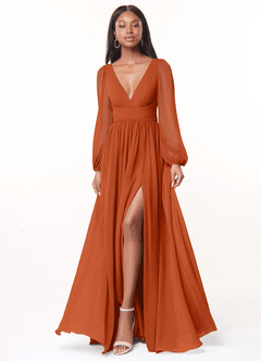 Azazie Norah Bridesmaid Dresses Burnt Orange A-Line V-Neck Long Sleeve Chiffon Dress image1