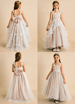 Azazie Darlina Abiti da Ragazza di Fiori Abito Principessa in Tulle Pizzo Avorio Rosa Inglese image2
