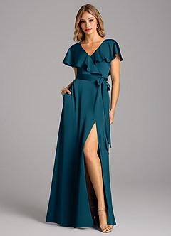 Azazie Lainey Robes de demoiselle d'honneur Robe Trapèze en Satin extensible avec poches Bleu Encre image3