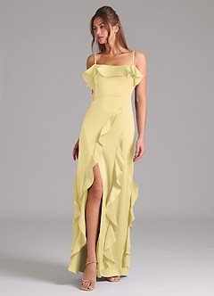 Azazie Malia Bridesmaid Dresses Lemon Sorbet A-Line Side Slit Stretch Satin Dress image1