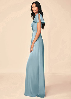 Azazie Soren Vestidos de damas de honor Vestido de Azul Malhumorado de Satén Elástico de Corte en A con Plisado image3