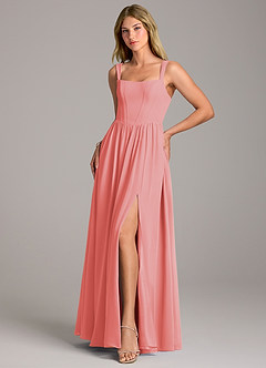 Azazie Rosaline Bridesmaid Dresses Coral A-Line Side Slit Chiffon Dress image3