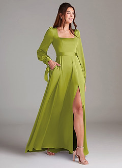 Azazie Leonia Jurken voor bruidsmeisjes Jurk van Stretch Satijn met A-Lijn Lange mouw Citroengras image4